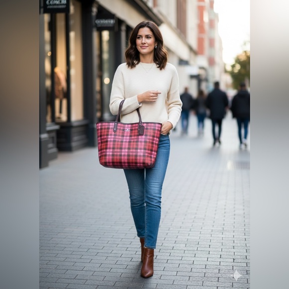 Coach Handbags - Coach Reversible City Tote in Shadow Plaid Print & Oxblood